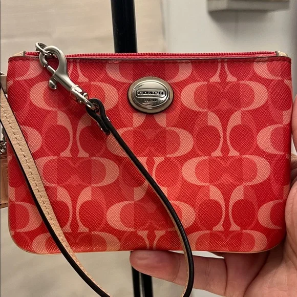 Coach Red & Light Pink Signature Wristlet - Picture 2 of 11